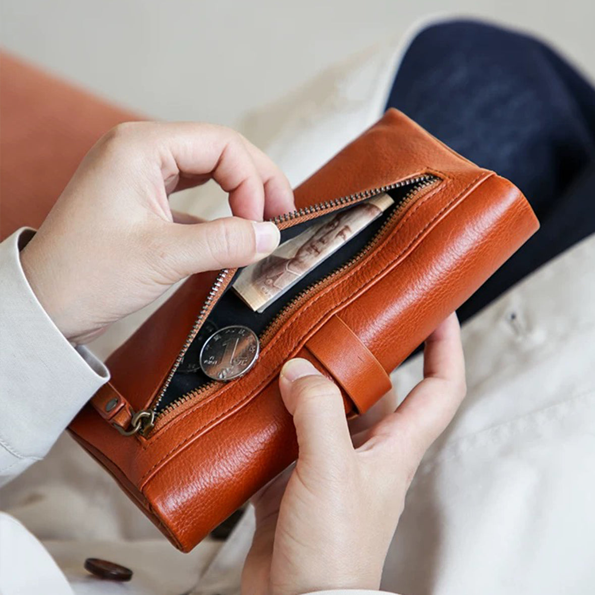AmberFold – Portefeuille à trois volets en cuir de vache fait main