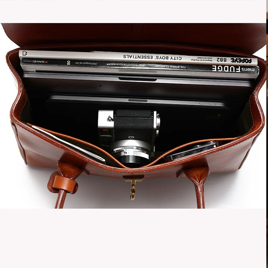 Retro Leather Brief Tote - Sandalwood Brown