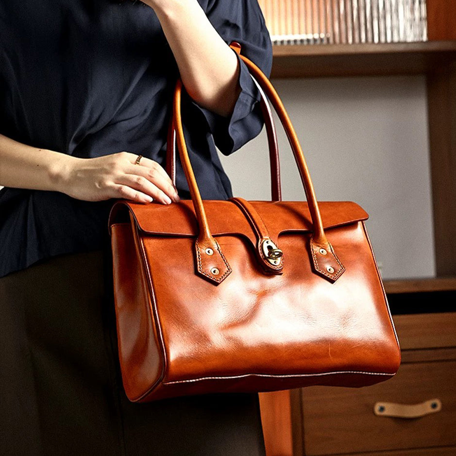 Retro Leather Brief Tote - Sandalwood Brown
