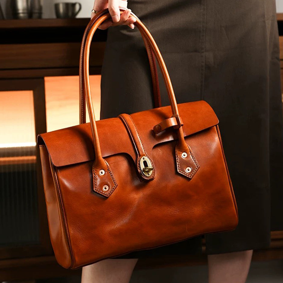 Retro Leather Brief Tote - Sandalwood Brown