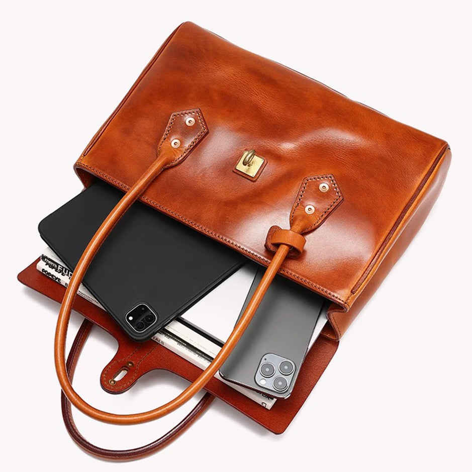 Retro Leather Brief Tote - Sandalwood Brown