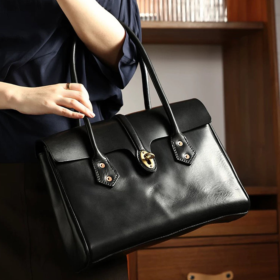 Retro Leather Brief Tote - Sandalwood Brown