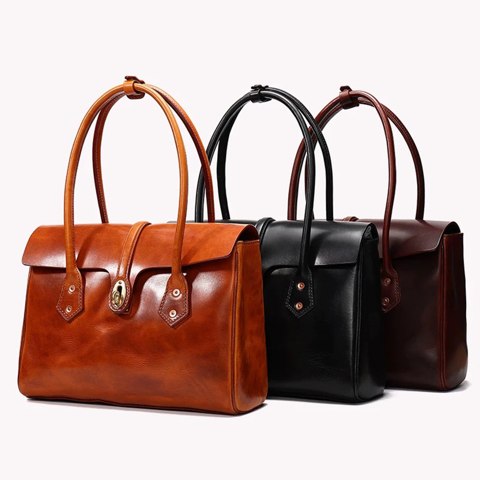 Retro Leather Brief Tote - Sandalwood Brown