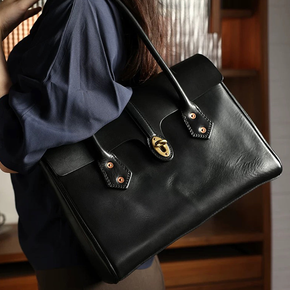 Retro Leather Brief Tote - Sandalwood Brown