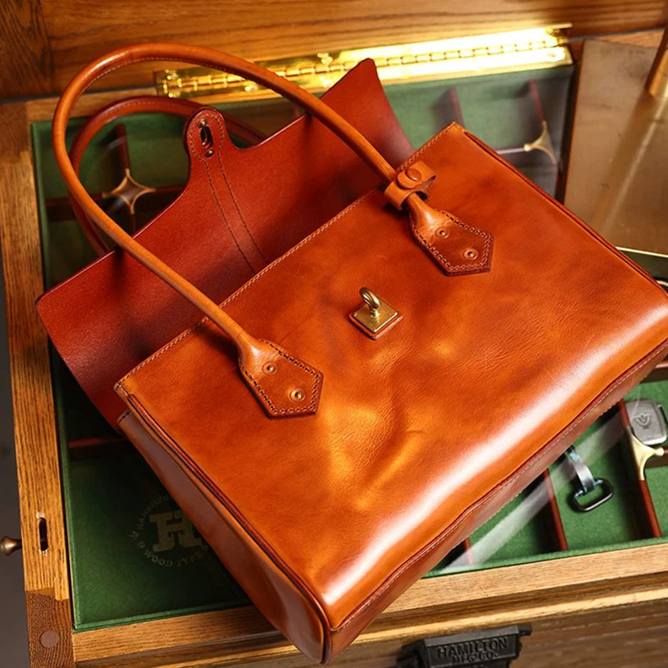 Retro Leather Brief Tote - Sandalwood Brown