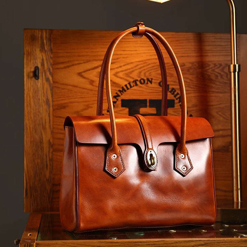 Retro Leather Brief Tote - Sandalwood Brown