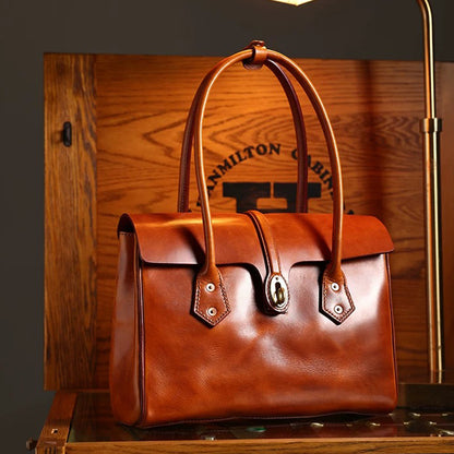 Retro Leather Brief Tote - Sandalwood Brown