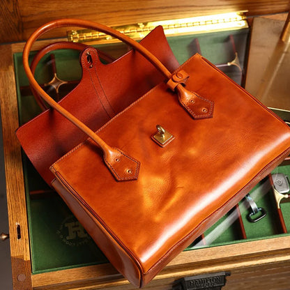 Retro Leather Brief Tote - Sandalwood Brown